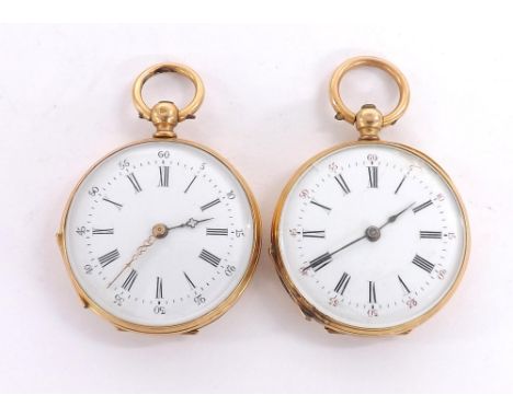 Two Continental 18ct engine turned and engraved bar cylinder fob watches, 48.5gm (2) (one at fault)