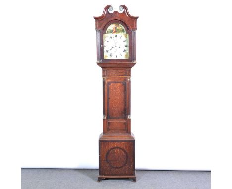 Oak and mahogany longcase clock, swan neck pediment, fluted columns, short door, bracket feet, 12" arched painted dial, eight