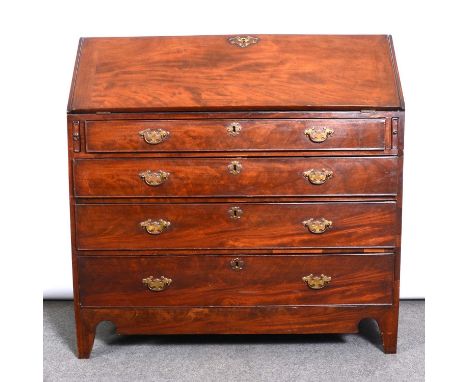 George III mahogany bureau, fall front enclosing an interior fitted with drawers and pigeon-holes, four long graduating drawe