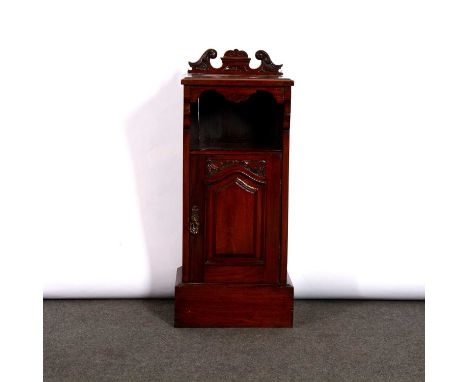 Victorian mahogany nightstand, shaped cresting, open shelf above a cupboard, plinth base, width 35cm, depth 37cm, height 90cm