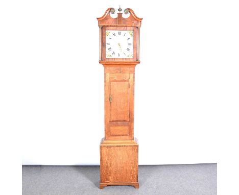 Oak and mahogany longcase clock, the hood with urn finial, swan neck pediment, turned columns, short door, bracket feet, 12" 