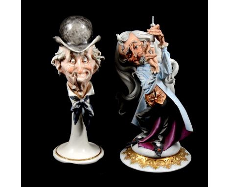 Caopdimonte, a Grotesque Doctor figurine, 26cm, and another of a male bust on pedestal, the elderly gent wearing a bowler hat