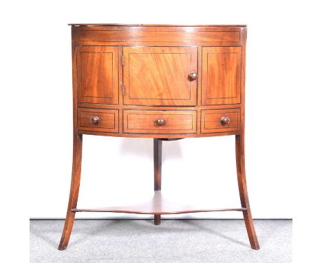 Georgian mahogany corner washstand, ebony stringing and outlines, depth 45cm, height 79cm; another mahogany corner washstand,