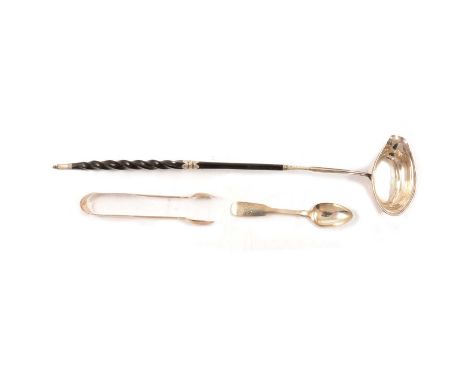 A silver toddy ladle with whalebone handle, Edward Mayfield, London 1796, 41cm; a pair of Victorian silver sugar tongs; and a