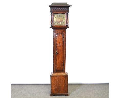 Oak and elm Longcase clock, with walnut banding, pagoda hood, blind and fretwork frieze, long arched door, pinth base, 10" sq