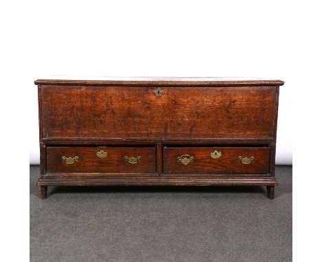 Boarded oak mule chest, of small size, rectangular hinged lid, two drawers under, width 114cm, depth 37cm, height 57cm.Condit