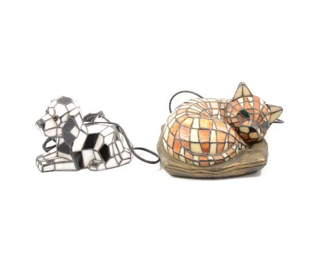 Tiffany style lamp shade, blue flowers, 43cm diam; and three novelty leaded stained glass animal lamps, one fashioned as a co