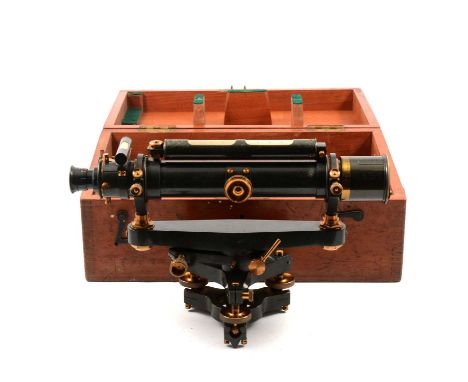 Black lacquered theodolite, by Stanley, numbered 27110, 34cm, in fitted mahogany case, with tripod and stave.