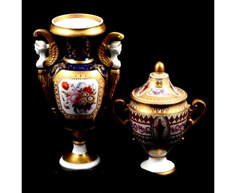 Derby cabinet vase and cover, urn form with twin handles, gilt borders, 16cm; and another Derby vase, pedestal form with appl