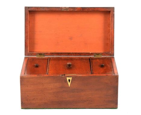 Victorian mahogany tea caddy, oblong form, crossbanded outline to the top, three covered compartments internally, width 28cm,