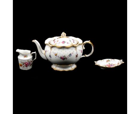 Collection of Royal Crown Derby 'Royal Antoinette' pattern table ware, including eight trios, tea pot, coffee pot, two sandwi