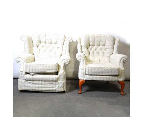 Modern two seater sofa, scrolled wings and arms, trellis pattern upholstery, length 166cm, depth 102cm, height 100cm, and two