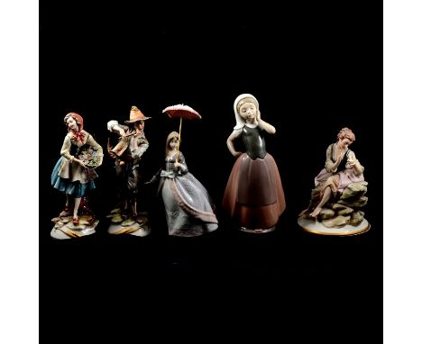 Lladro figure of a girl with a parasol; another Spanish figurine; pair of Capodimonte figurines; four other Capodimonte figur