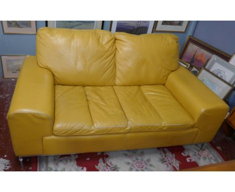 Yellow leather 2 seater sofa 