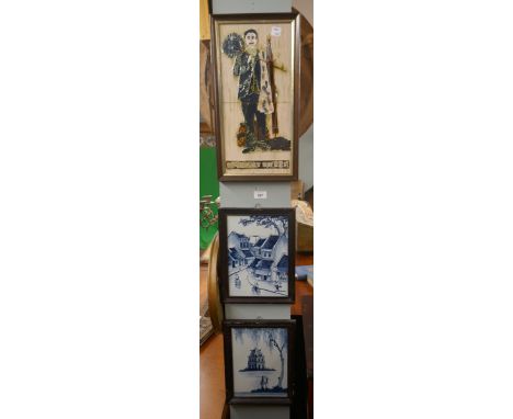 Framed tile of chimney sweep and 2 framed Chinese tiles 