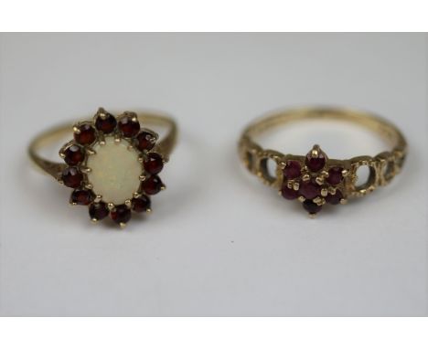 2 x 9ct gold rings one set with ruby, one set with garnet and opal - Size M &amp; N