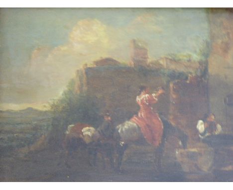 18th century Italian School, a figural study with horses surrounded by buildings, oil on panel, H.15cm W.19cm