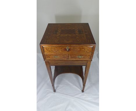 A 19th century mahogany marquetry inlaid writing stand raised on inlaid stand with tapered legs, H.89cm W.47cm D.41cm