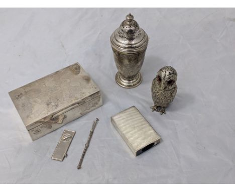 A silver box with horserider crest, a silver pepperette, a silver match box case, a silver twizzle stick and silver cigar cut