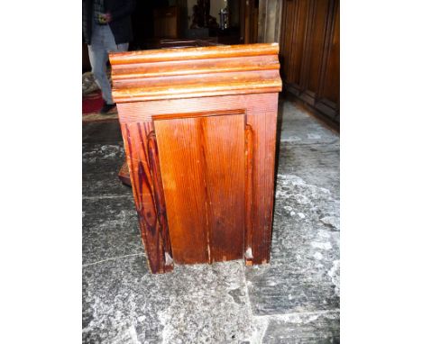 A Victorian pine pew with triple paneled back and prayer book shelf to the reverse 83cm high, 278cm wide, 47.5cm deepPlease N