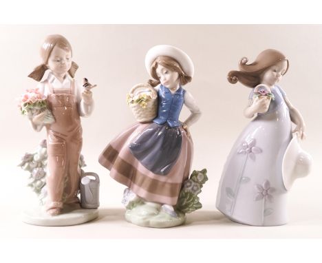 Lladro 5221, 'Sweet Scent Girl', a girl holding a basket of flowers and two others