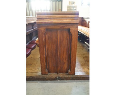 A Victorian pine pew with triple paneled back and prayer book shelf to reverse 83cm high, 271cm wide, 48cm deepPlease Note th