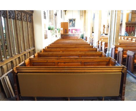  A Victorian pine pew with triple paneled back and prayer book shelf to the reverse 83cm high, 278cm wide, 48cm deepPlease No