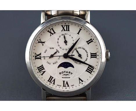 A stainless steel Rotary Windsor bracelet watch, quartz movement, moon phase chronograph dial with date feature. Stainless st