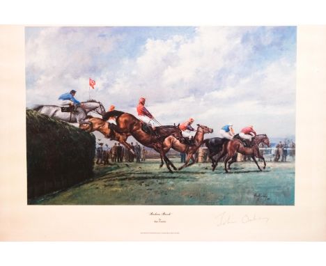 After Alan Fearnley, Beechers Brook, coloured print, signed in pencil by Lord Oaksey, 31cm x 47cm.