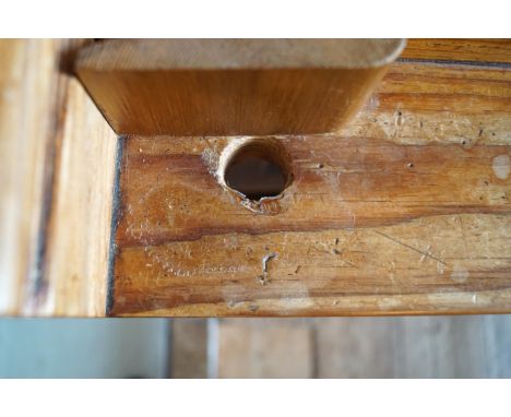 A Victorian pine pew with triple paneled back and prayer book shelf to reverse 83cm high, 271cm wide, 48cm deepPlease Note th