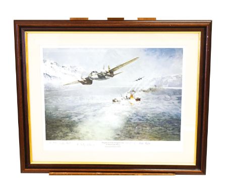 After Edmund Miller, Shipping attack by Mosquitos from the Banff Strike Wing, coloured print, signed by the artist and pilots
