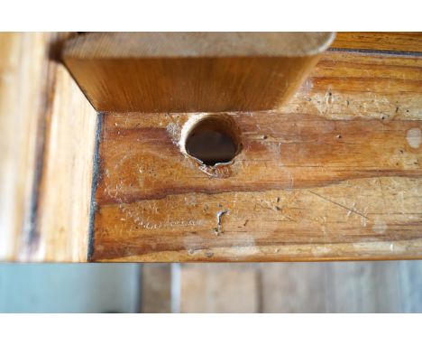 A Victorian pine pew with triple paneled back and prayer book shelf to the reverse (drilled hole) 83cm high, 278cm wide, 47.5