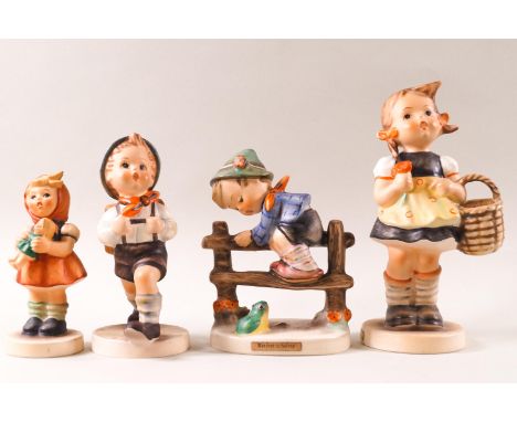 Four Goebel/Hummel figures, including Retreat to Safety and a School Boy