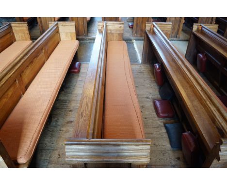  A Victorian pine pew with triple paneled back and prayer book shelf to the reverse (drilled hole) 83cm high, 278cm wide, 47.