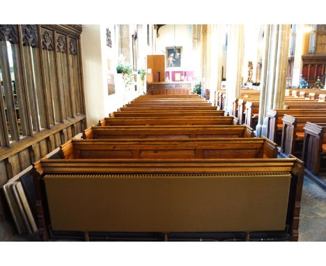  A Victorian pine pew with triple paneled back and prayer book shelf to the reverse (drilled hole) 83cm high, 278cm wide, 48c