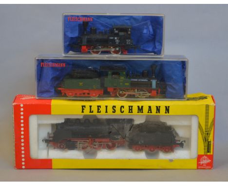 H0 scale. 3 x Fleischmann steam locomotives. Overall G+ boxed.