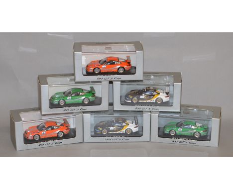 Six boxed Minichamps diecast model Porsche GT3 Cup cars in 1:43 scale, all appear VG in VG boxes. (6)