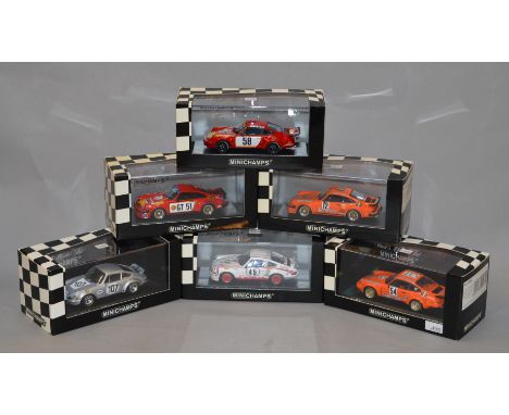 Six boxed Minichamps Porsche diecast model early  race cars in 1:43 scale including the 911 Carrera RSR and 934 variants of t