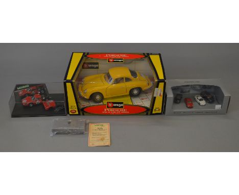 A mixed group of boxed diecast models including a Bburago Porsche 356B in 1:18 scale together with a Vitesse Porsche 904GTS, 