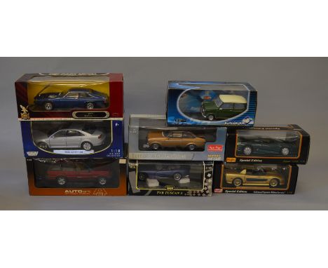 Eight boxed diecast models in 1:18 scale by Maisto, Autoart, Sunstar and others. Condition of models and outer packaging vari