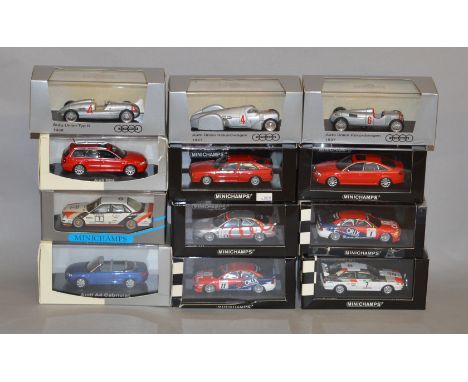 Twelve boxed Audi cars in 1:43 scale by various manufacturers including Minichamps, Norev and Brumm. All models appear VG in 