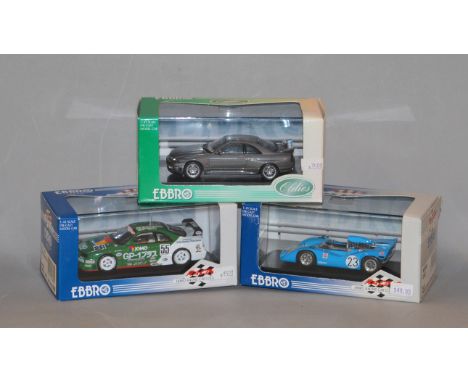 Three boxed Ebbro diecast model cars in 1:43 scale including a Nissan Skyline GT-R. All appear VG in G+/VG boxes. (3)