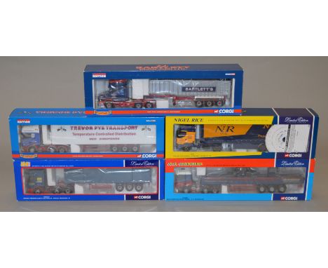 Five boxed Corgi 1:50 scale trucks, CC12110, CC12922, CC12223, 75605 'Nigel Rice' and CC12813 'J.J. Bartlett Ltd', all appear