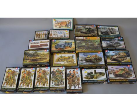 20 x Tamiya 1:48 scale military vehicles, personnel & accessory model kits. Viewing recommended.