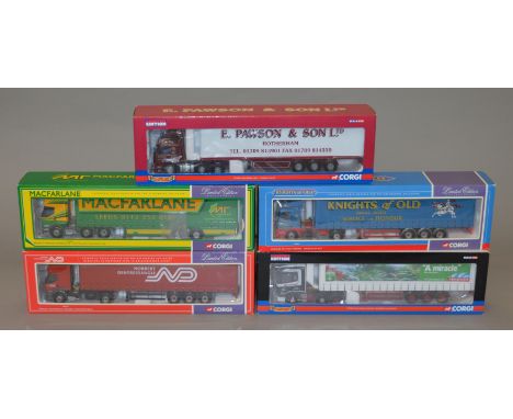 Five boxed Corgi 1:50 scale trucks, CC13506, 75405, 75602, CC12924 'Westfield Transport' and 75603 'Norbert Dentressangle', a