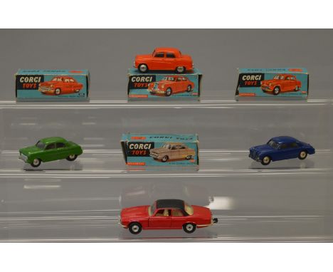 Three boxed Corgi Toys, 200M Ford Consul Saloon in green, 201M Austin Cambridge in scarce orange colour and 205M Riley Pathfi