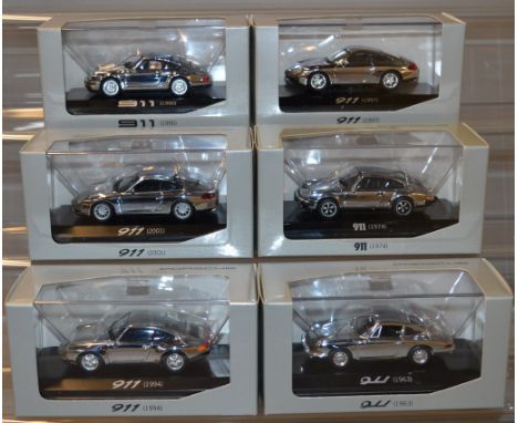 Six boxed Minichamps 40th anniversary Limited Edition chrome plated diecast model Porsche cars in 1:43 scale, all appear VG i