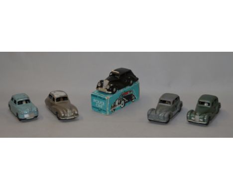 A boxed Chad Valley 'Wee-kin' clockwork Police Car with key and inspectors packing slip G+ in G box together with four unboxe