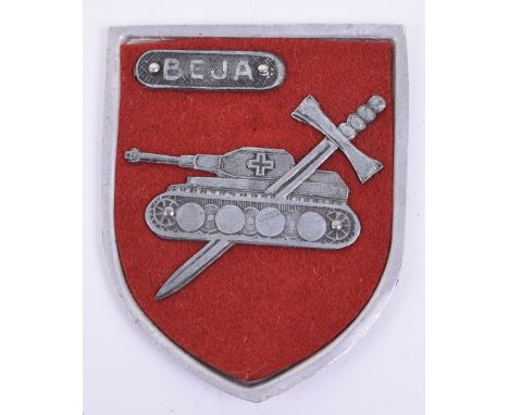 Rare WW2 Beja Battle Badge, aluminium shield with red felt centre. Badge shows a German Panzer tank with a crusaders sword be