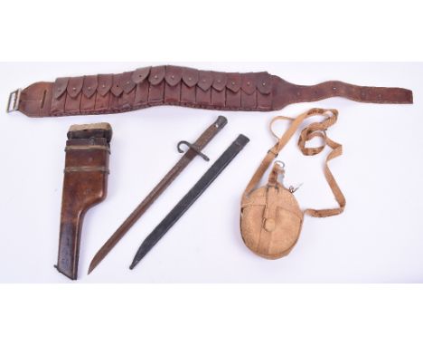 Selection of 1930’s Chinese Nationalist Army Equipment, consisting of brown leather ammunition bandolier, cloth covered alumi